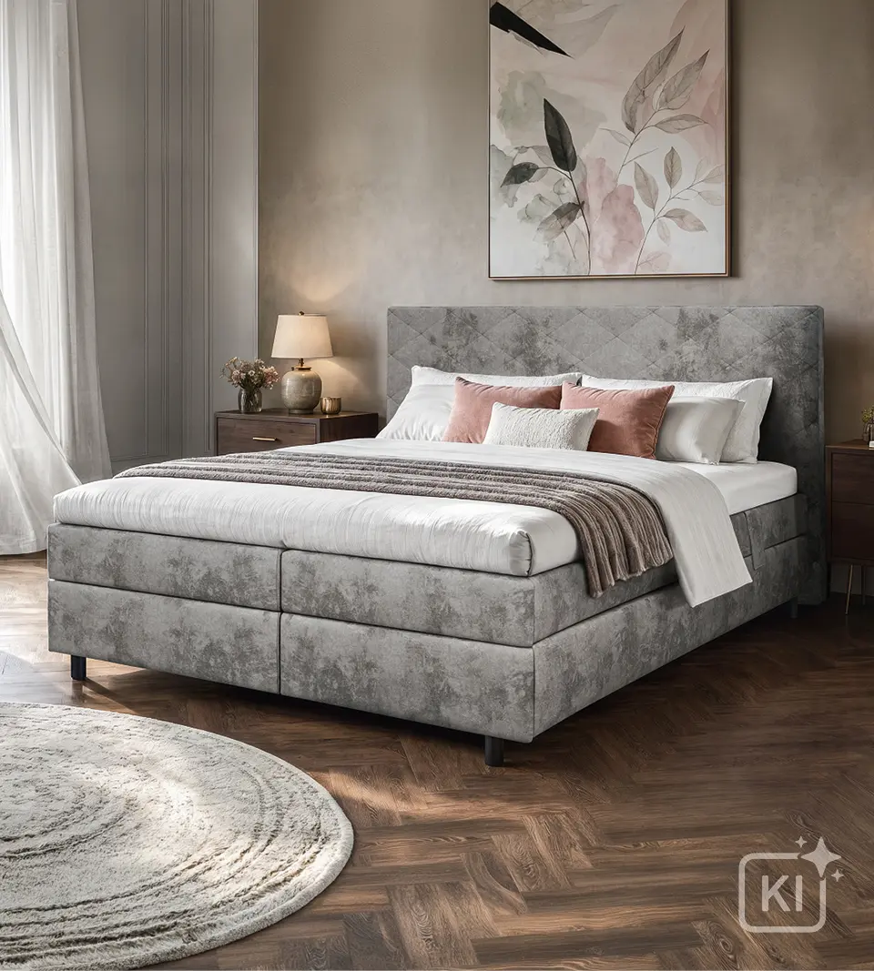 Graues Polsterbett mit weißen und rosafarbenen Kissen, Nachttischen und Blumenbild